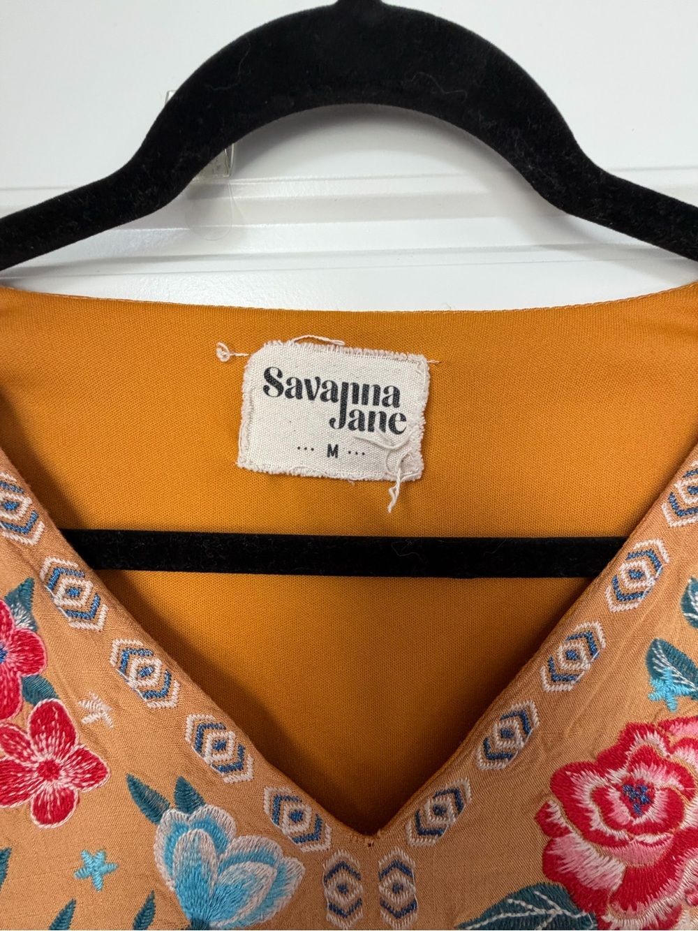 Savanna Jane Mustard Tiered Dress with Multicolor Floral Embroidery-Med - Picture 3 of 10